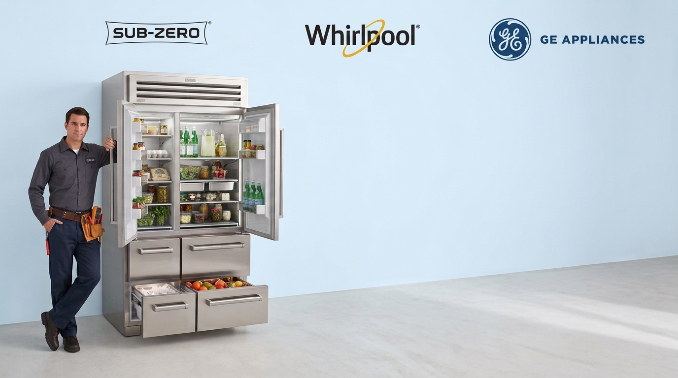 Técnico especializado junto a un refrigerador americano